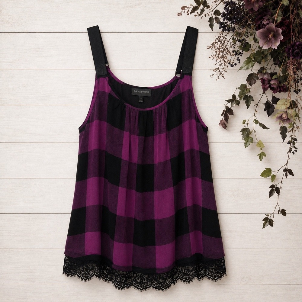 Purple and Black Checkered Lace-Trim Tank Top academia whimsigoth